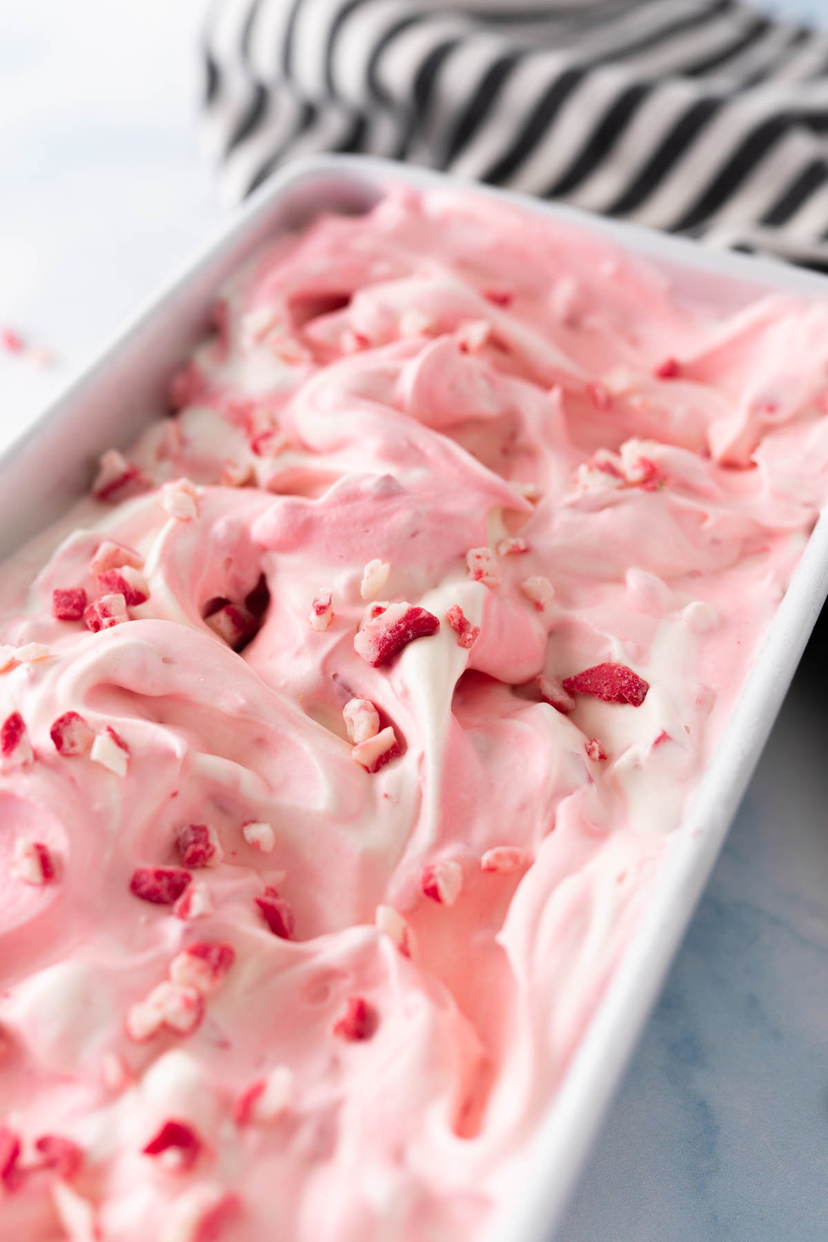 peppermint ice cream, frozen, before scooping. 