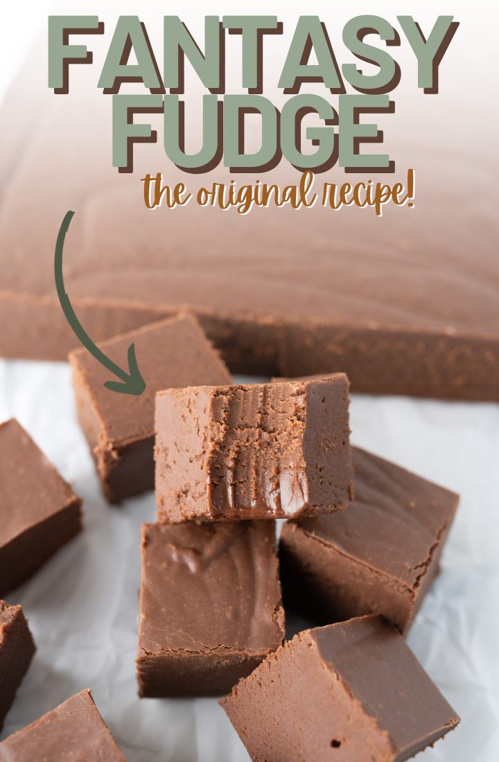 Pieces of fantasy fudge stacked on top of each other. The top piece has a bite out of it. Across the top it says "Fantasy fudge - the original recipe!|