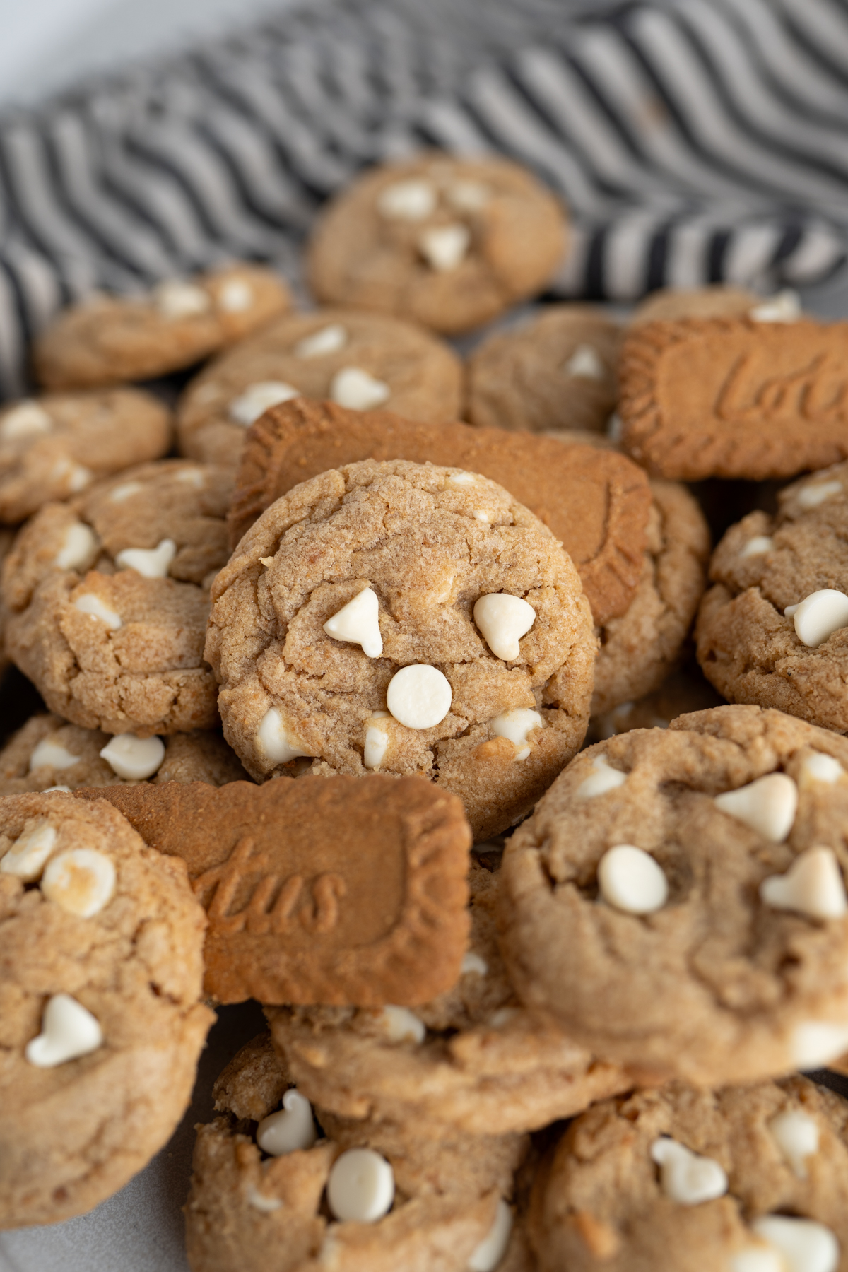 A pile of biscoff cookies with white chocolate chips and biscoff cookies. 