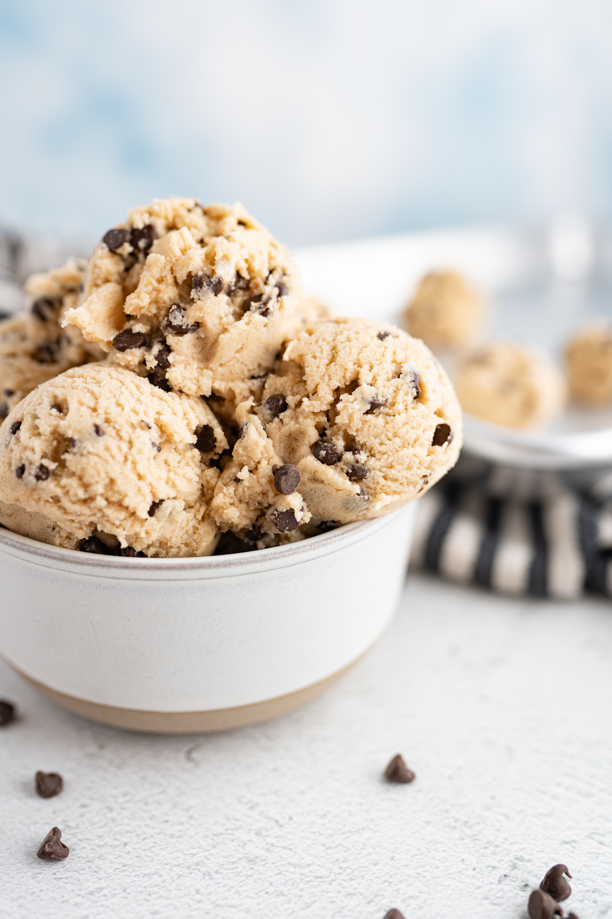 A heaping bowl of edible chocolate chip cookie dough. 