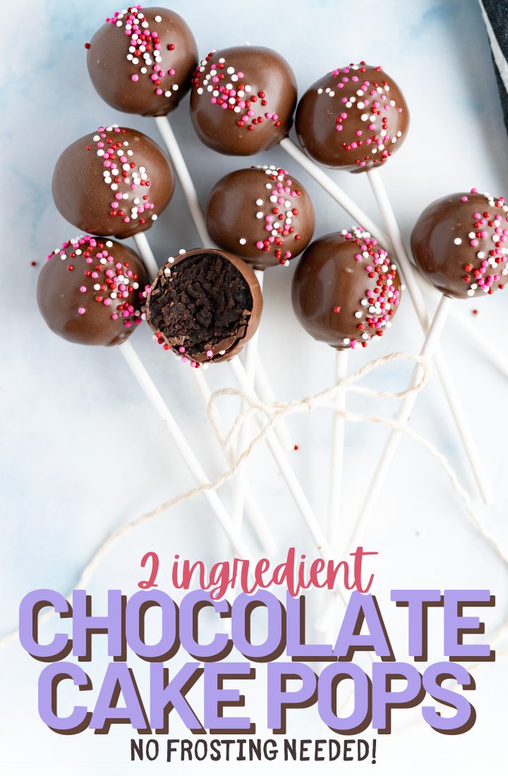 Cake pops scattered on the counter. Across the bottom it says "2 ingredient chocolate cake pops, no frosting required"