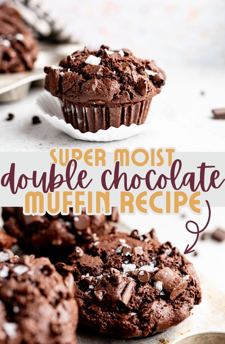 A split image of a single double chocolate muffin and a pile of muffins. Through the middle it says "super moist double chocolate muffin recipe"