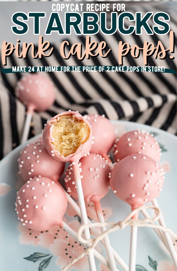 A pile of homemade starbucks cake pops on a plate. One has a bite out of it.