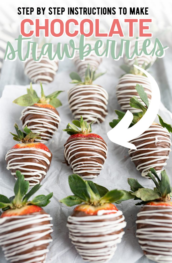 Chocolate dipped strawberries lined up on a parchment paper. Across the top it says "step by step instructions to make chocolate strawberries"