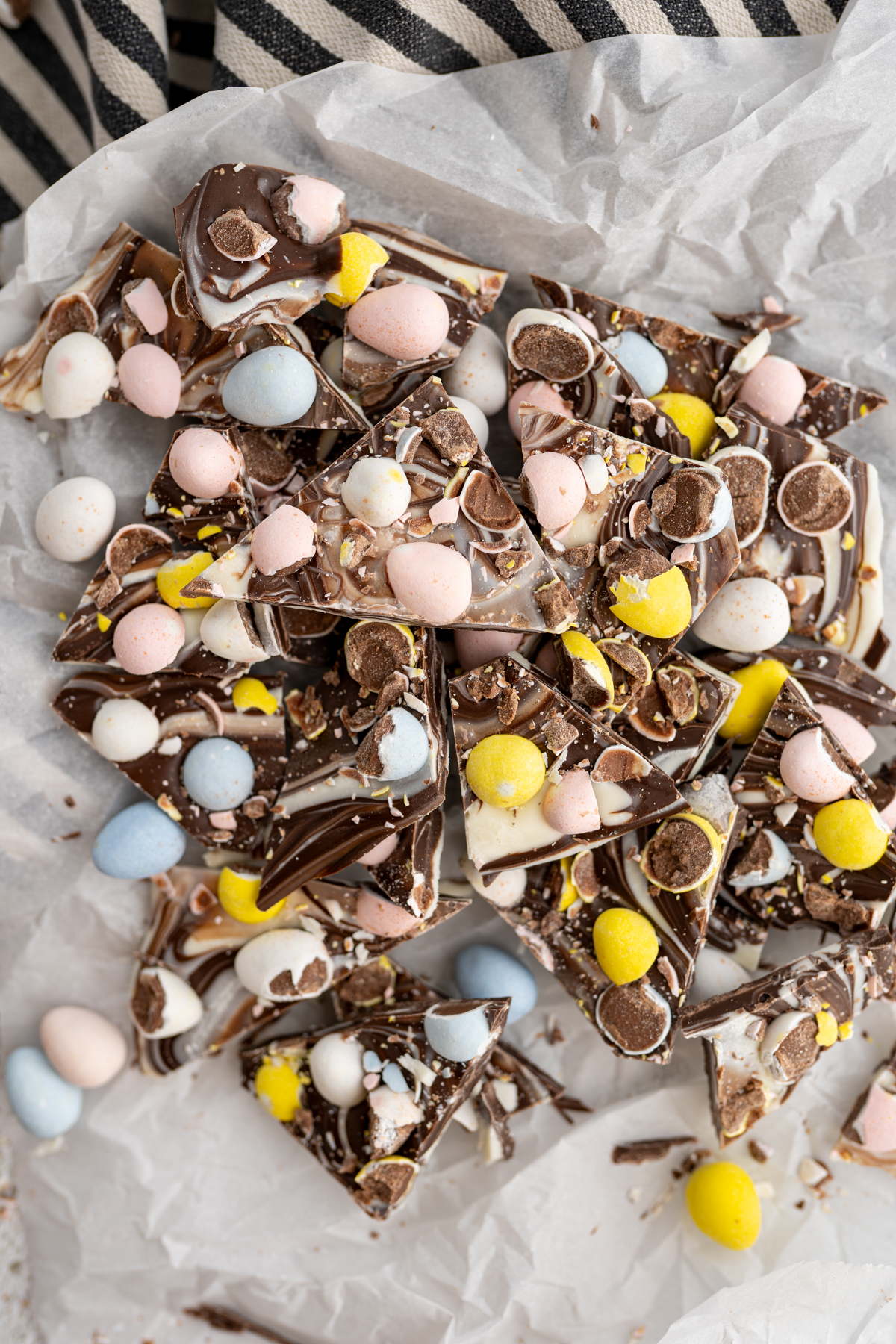 A pile of easter chocolate bark. 