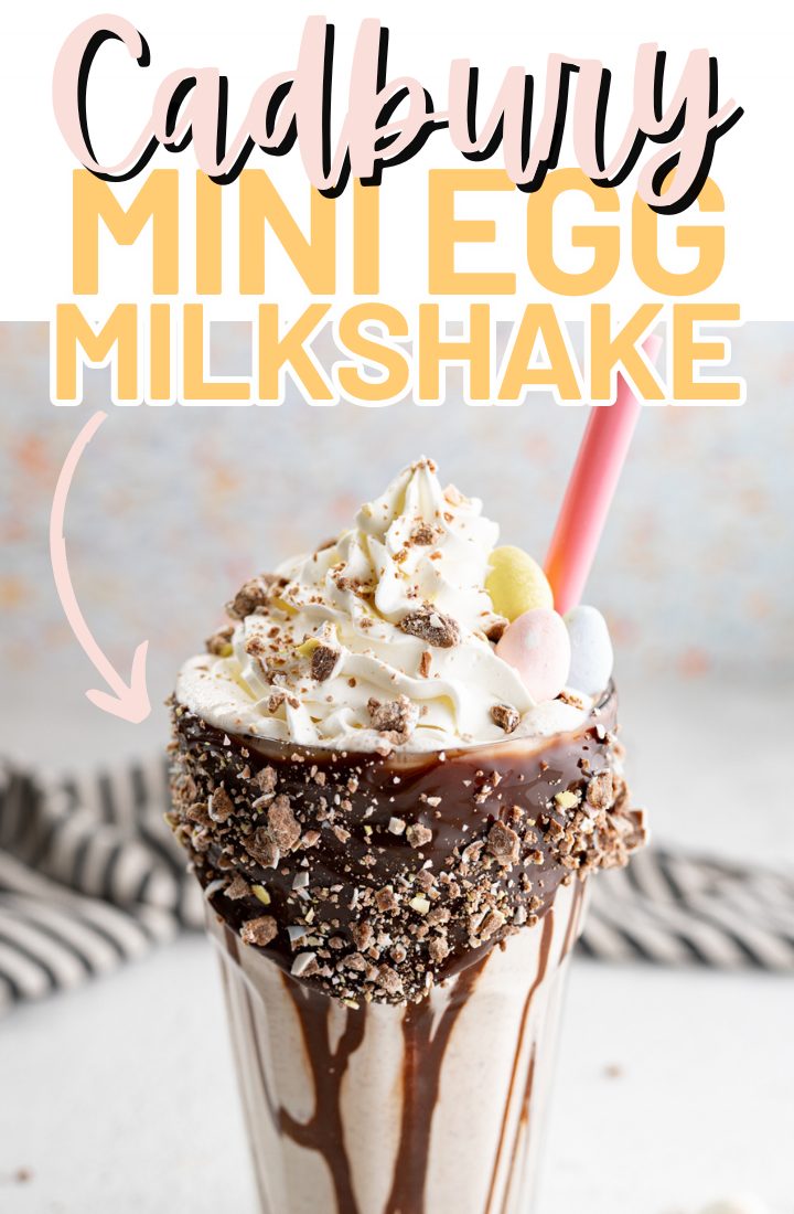 Close up of a cadbury egg milkshake with hot fudge. Across the top it says "cadbury mini egg milkshake" 