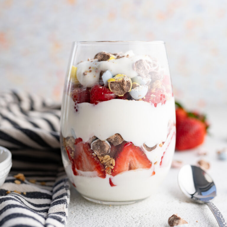Profile view of a breakfast parfait with cadbury eggs.