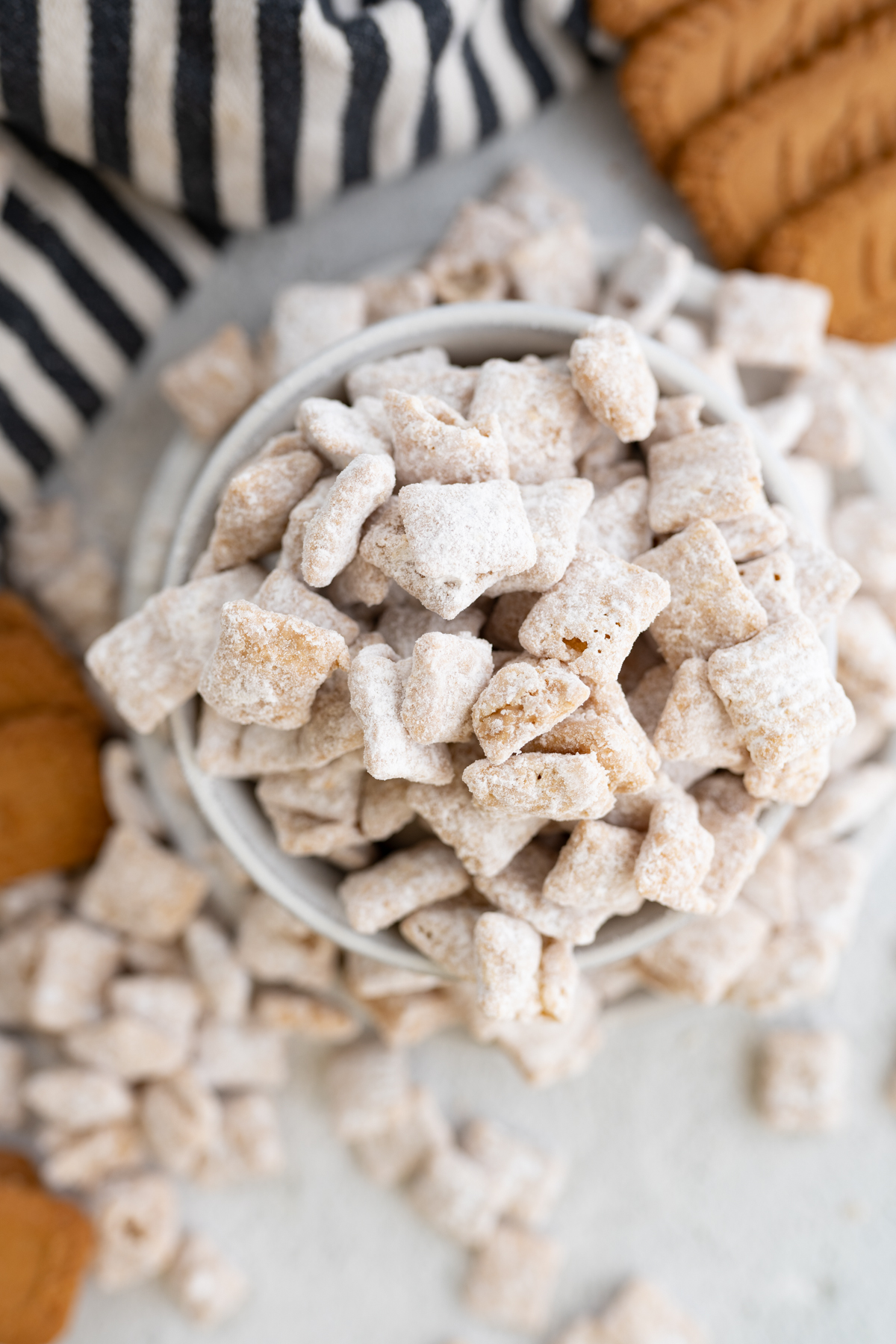 Aerial view of a bowl of cookie butter puppy chow. 