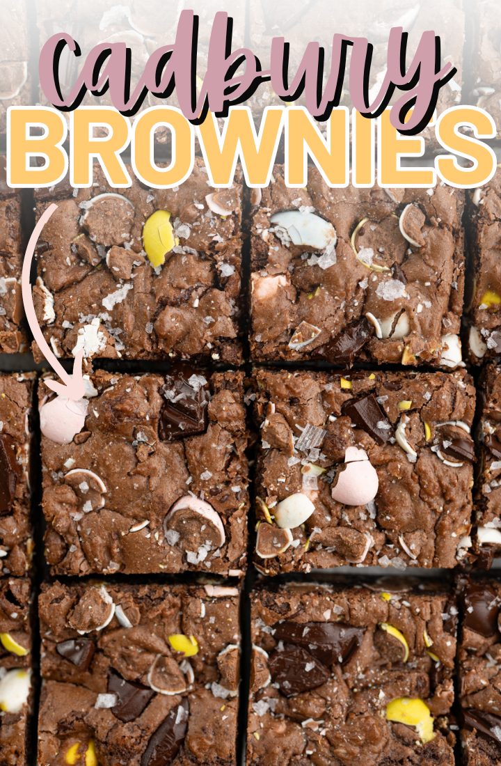 Aerial view of a pan of Easter brownies cut into squares. Across the top it says "cadbury brownies"