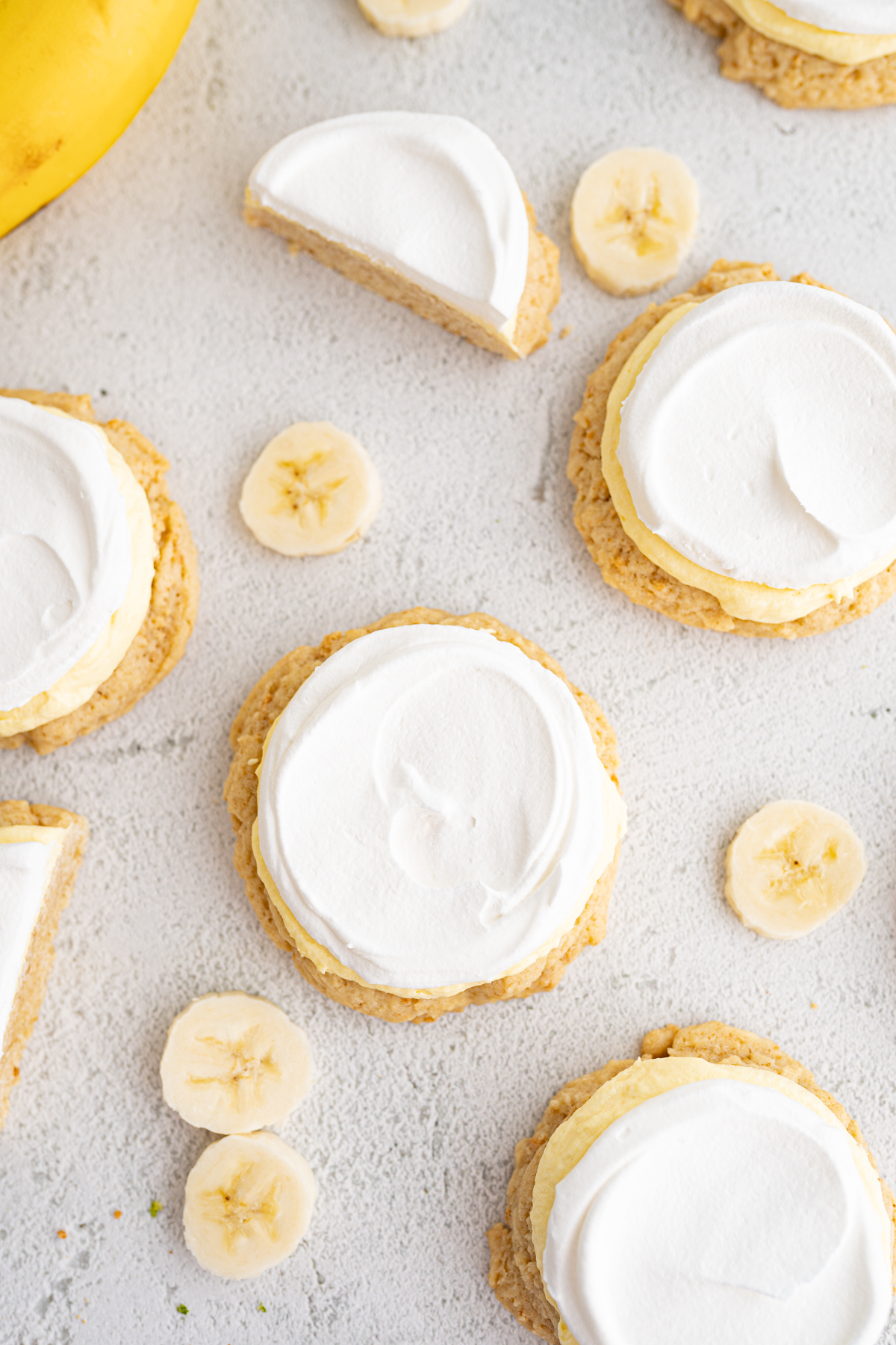 Aerial view of twisted sugar copycat of banana cream pie cookie. 