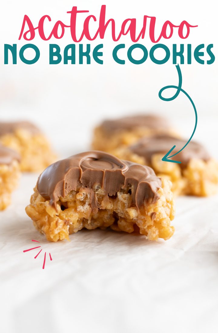 A thick scotcharoo shaped into a cookie with a bite taken out of it. Across the top it says "scotcharoo no bake cookies"