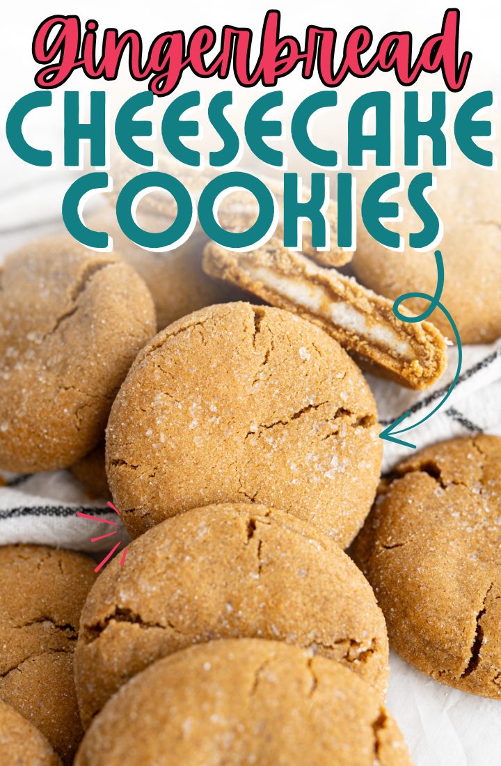 Molasses gingerbread cookies with cheesecake filling stacked on the counter.