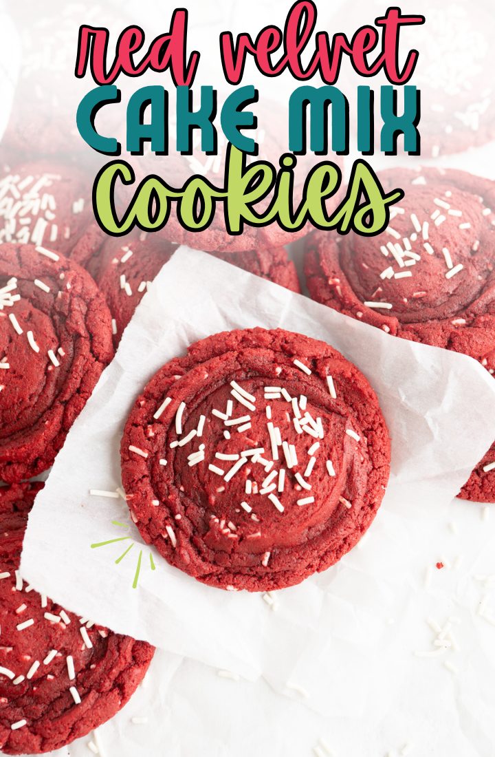 A red cookie with white sprinkles on a napkin. Across the top it says "red velvet cake mix cookies"