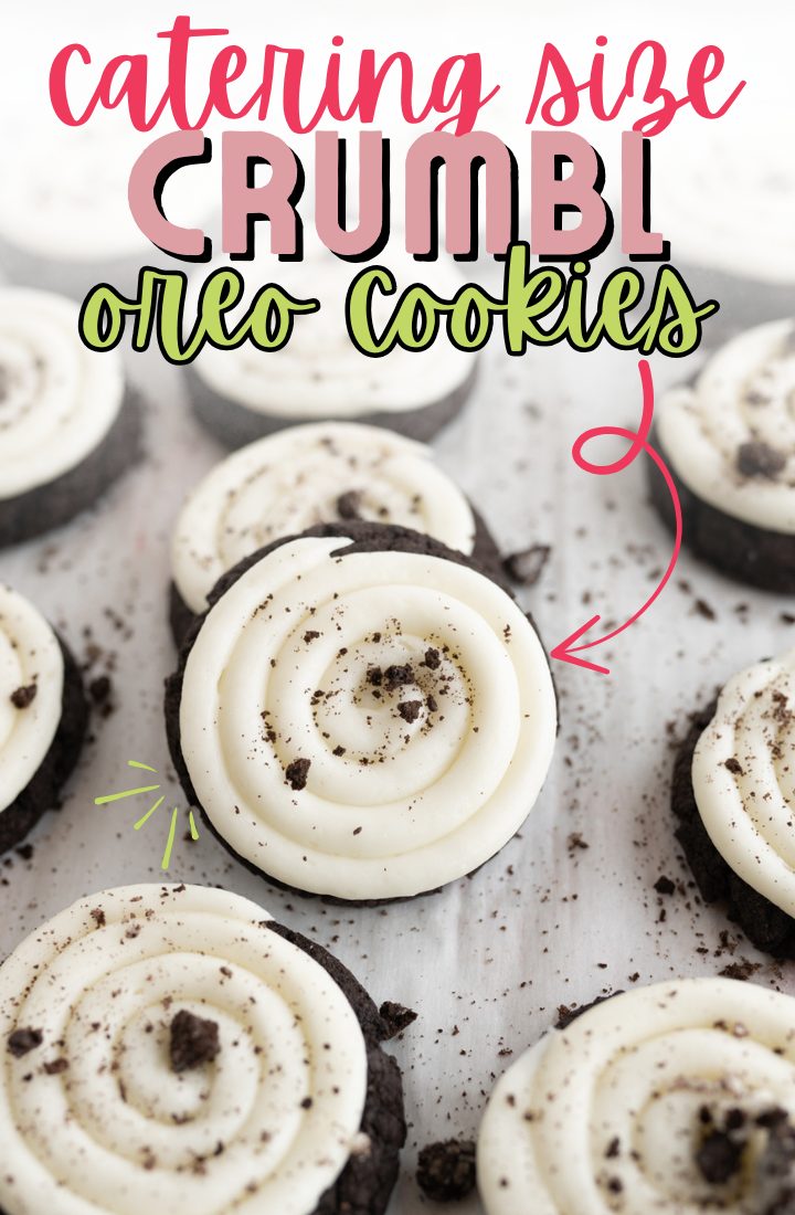 Mini oreo cookie with cream cheese frosting. Across the top it says "catering size Crumbl oreo cookies' in text.