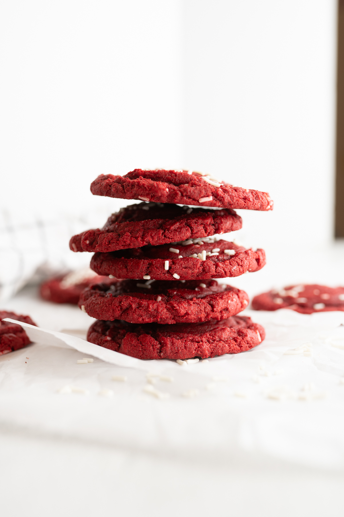 Side view of a stack of red velvet cookies made with cake mix. 