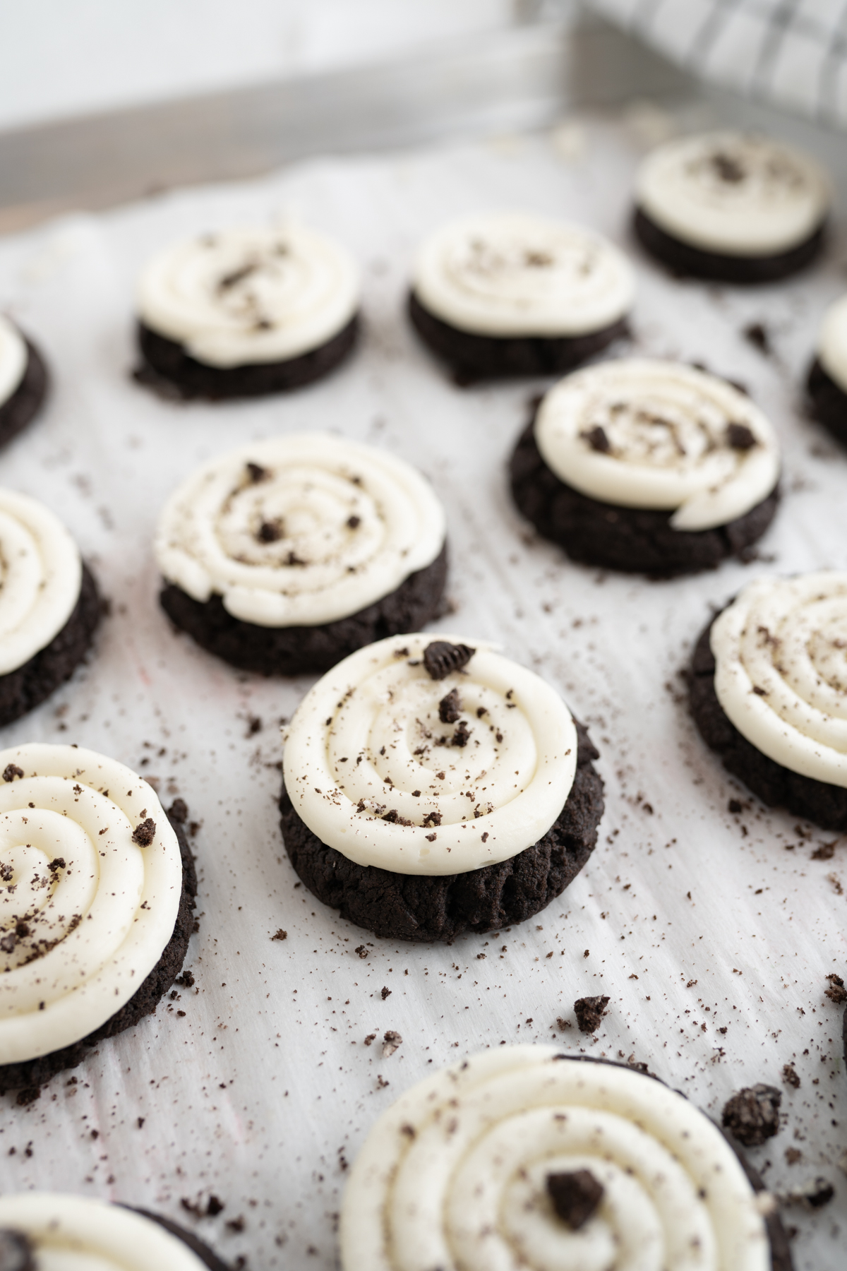 Side aerial view of copycat chocolate oreo crumbl cookies. 