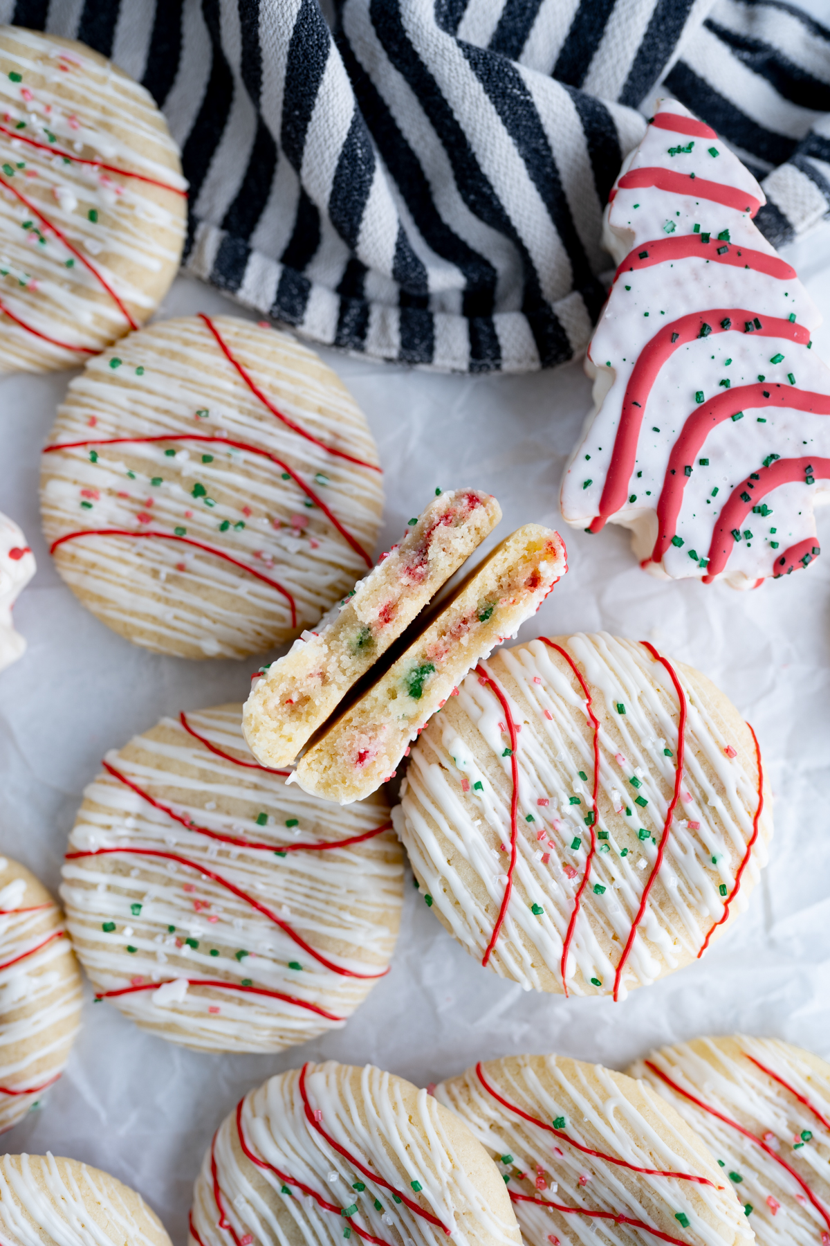 Sugar cookies decorated to look like Christmas Tree Cakes. 