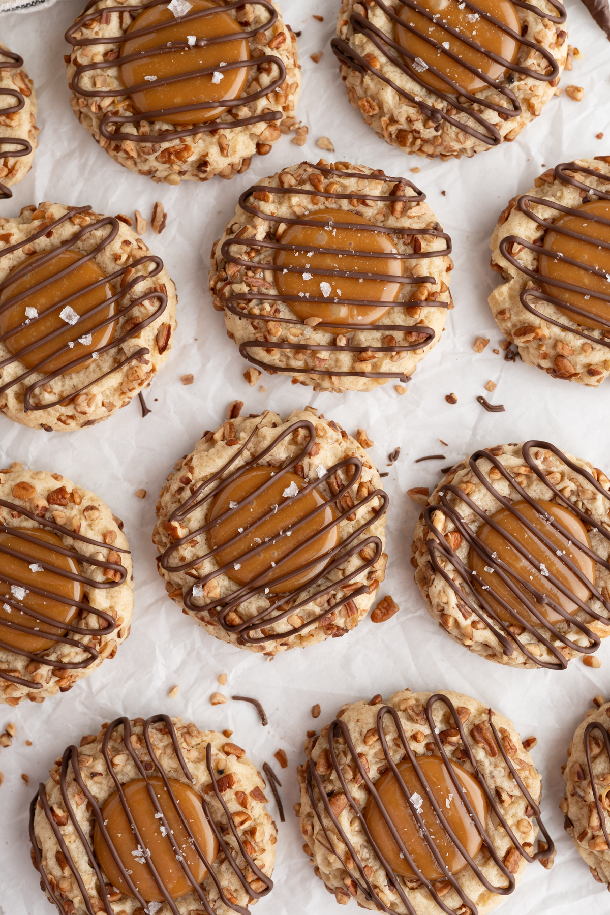 Aerial view of banana turtle thumbprint cookies.