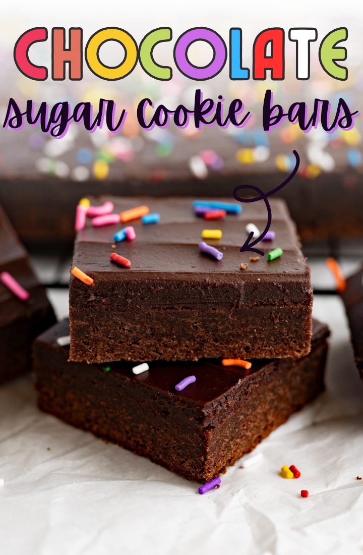 A chocolate sugar cookie bar with rainbow sprinkles.