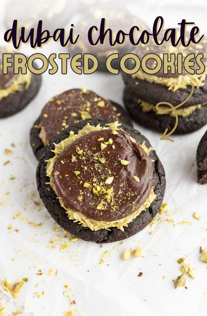 A dubai chocolate layered cookie with pistachio kataifi and chocolate ganache.