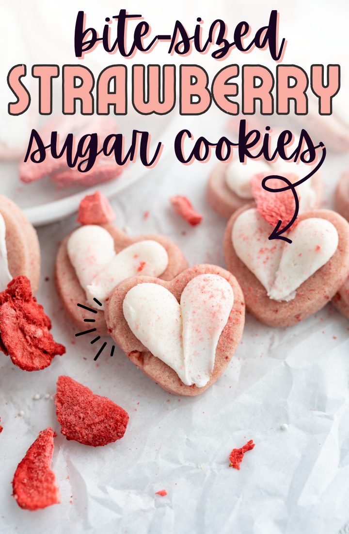 Strawberry cookies next to freeze dried strawberries on the counter.