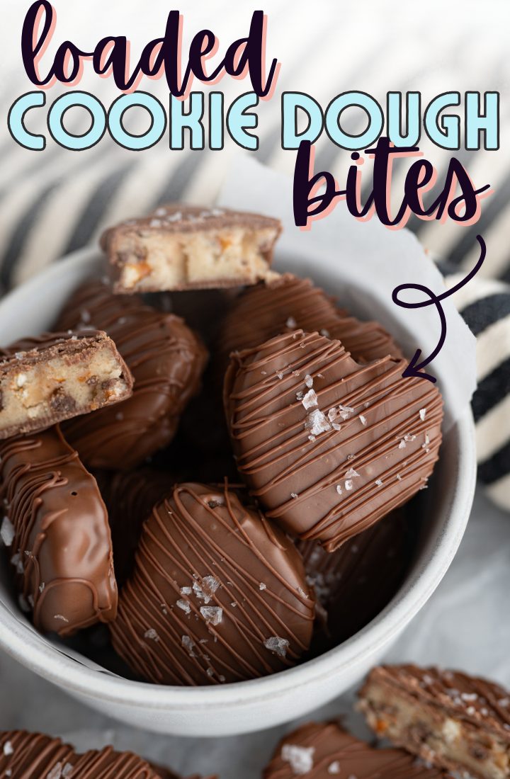 Edible cookie dough hearts covered in chocolate.