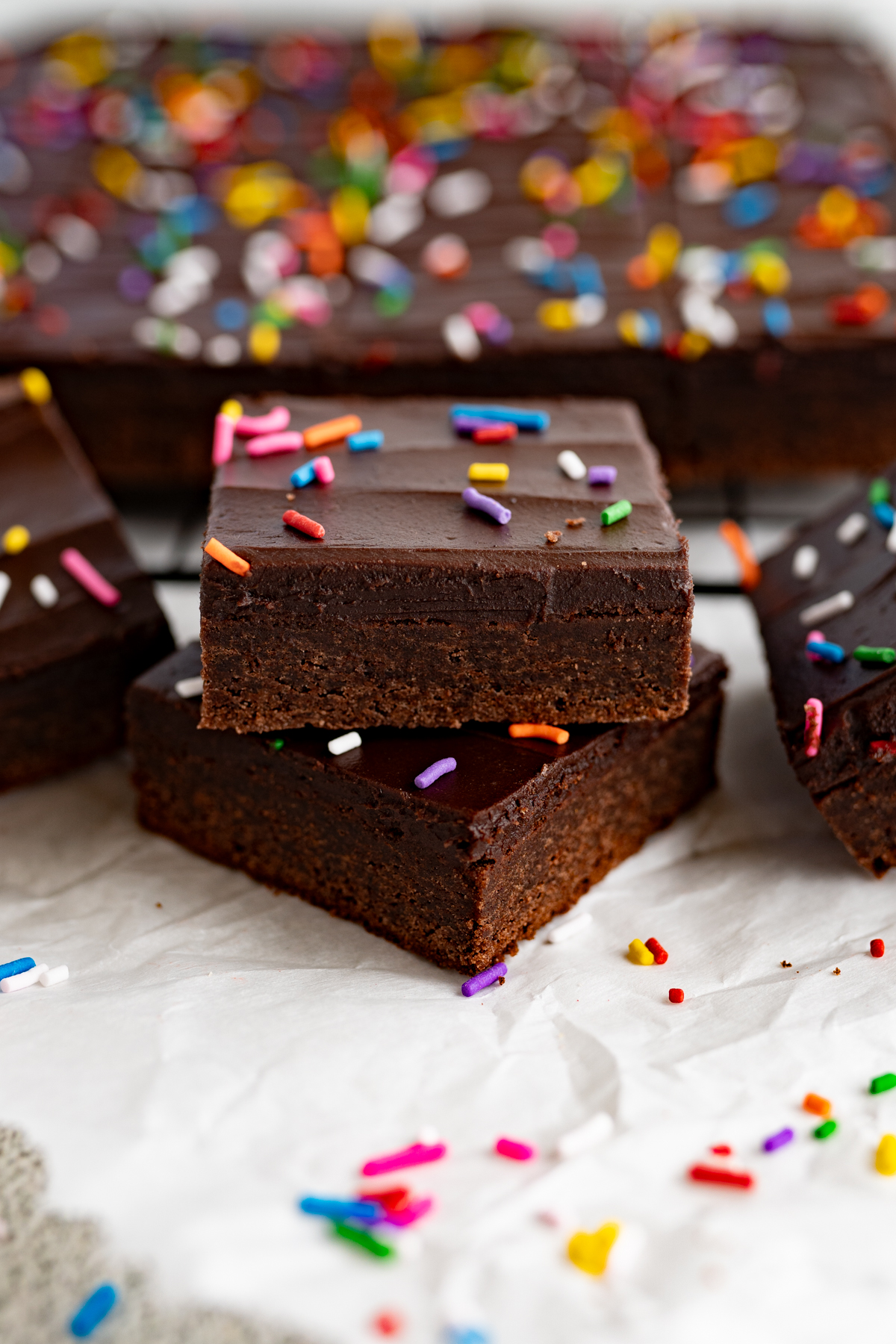 A stack of 2 chocolate sugar cookie bars. 
