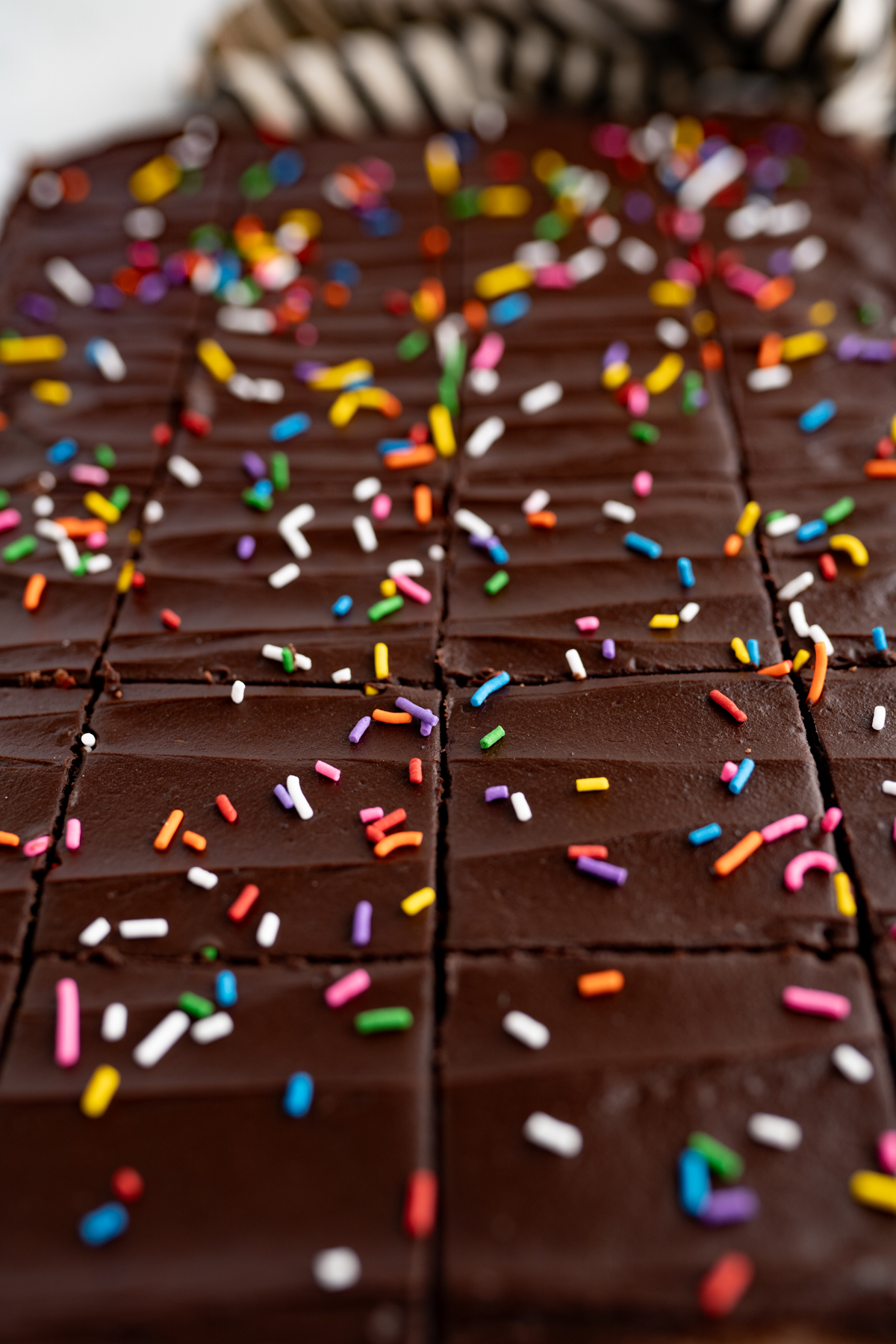 Side view of a pan of chocolate flavored sugar cookie bar. 