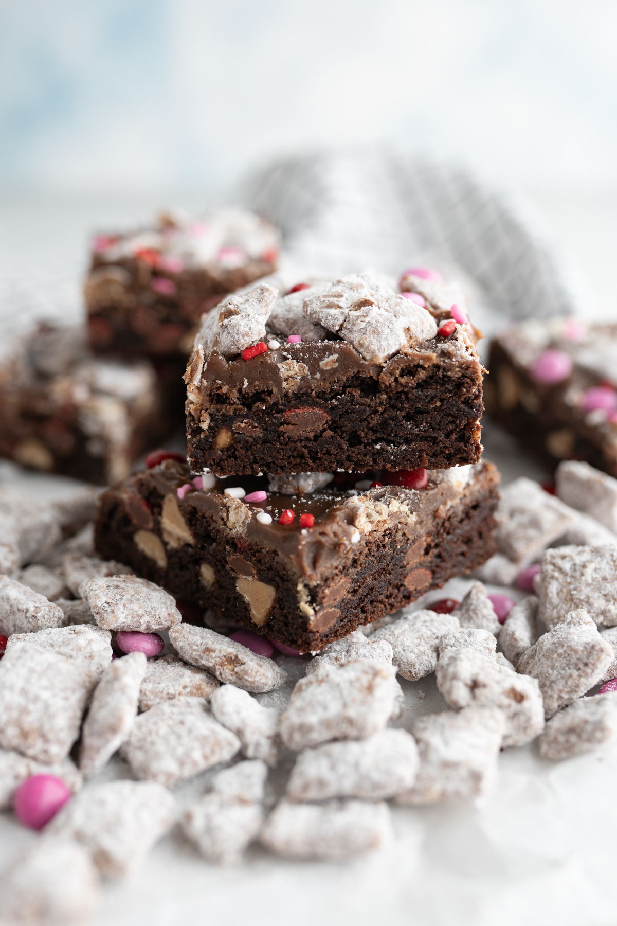 A stack of peanut butter chocolate Valentine cookie bars. 