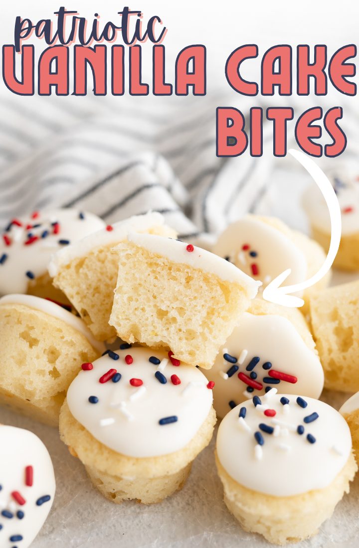 Patriotic vanilla cake bites in a pile on the counter. 