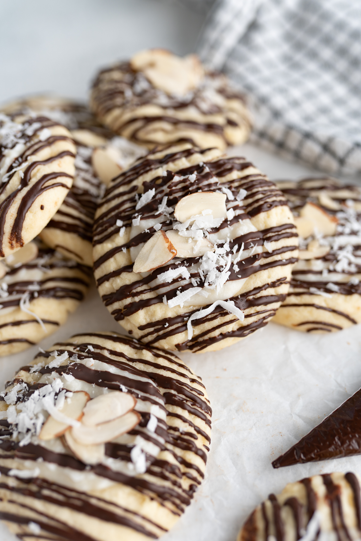 Close up of an Almond Joy inspired coconut sugar cookie. 