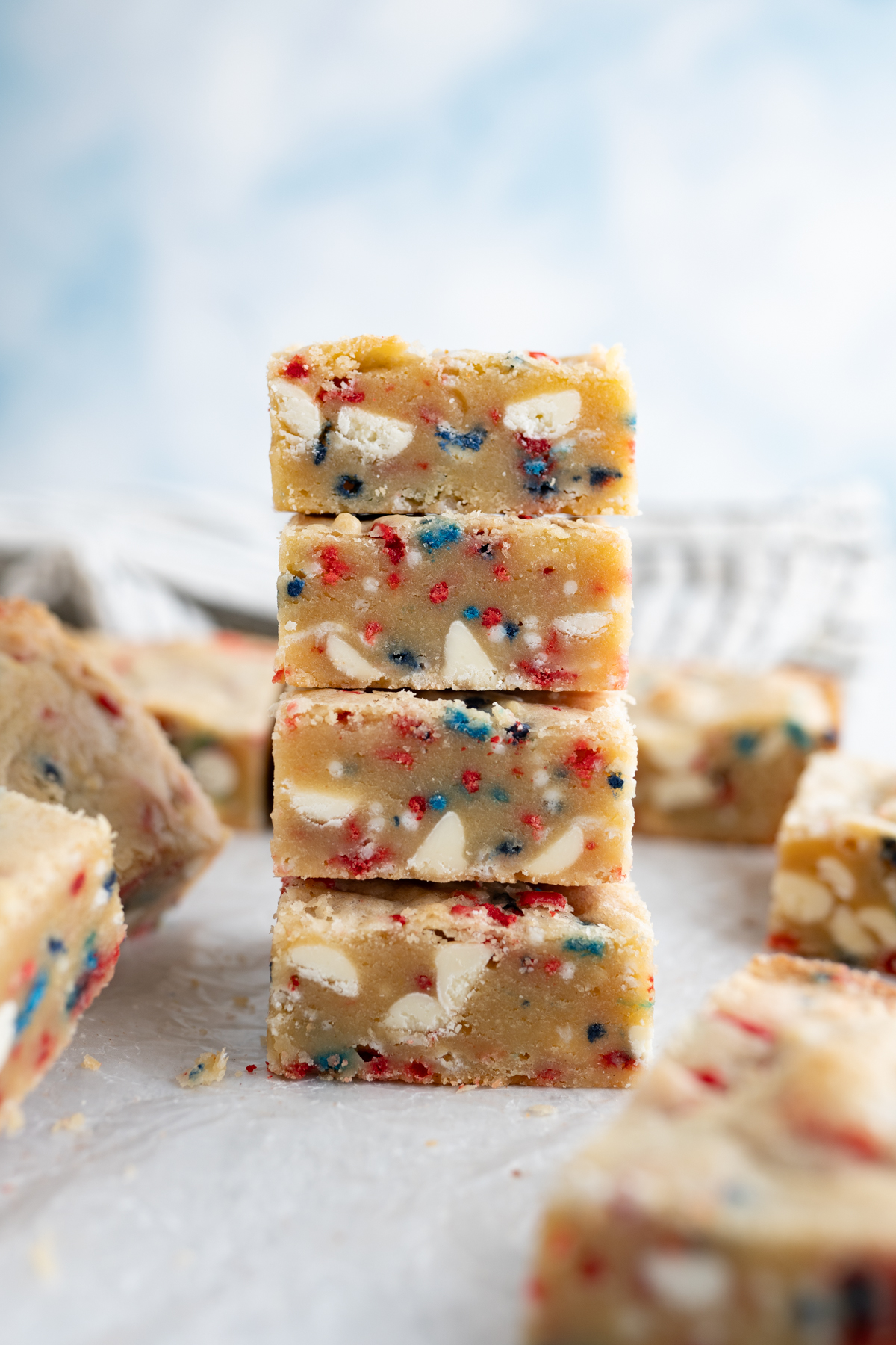 side view of a stack of blondies decorated for memorial day. 4th of july dessert. 