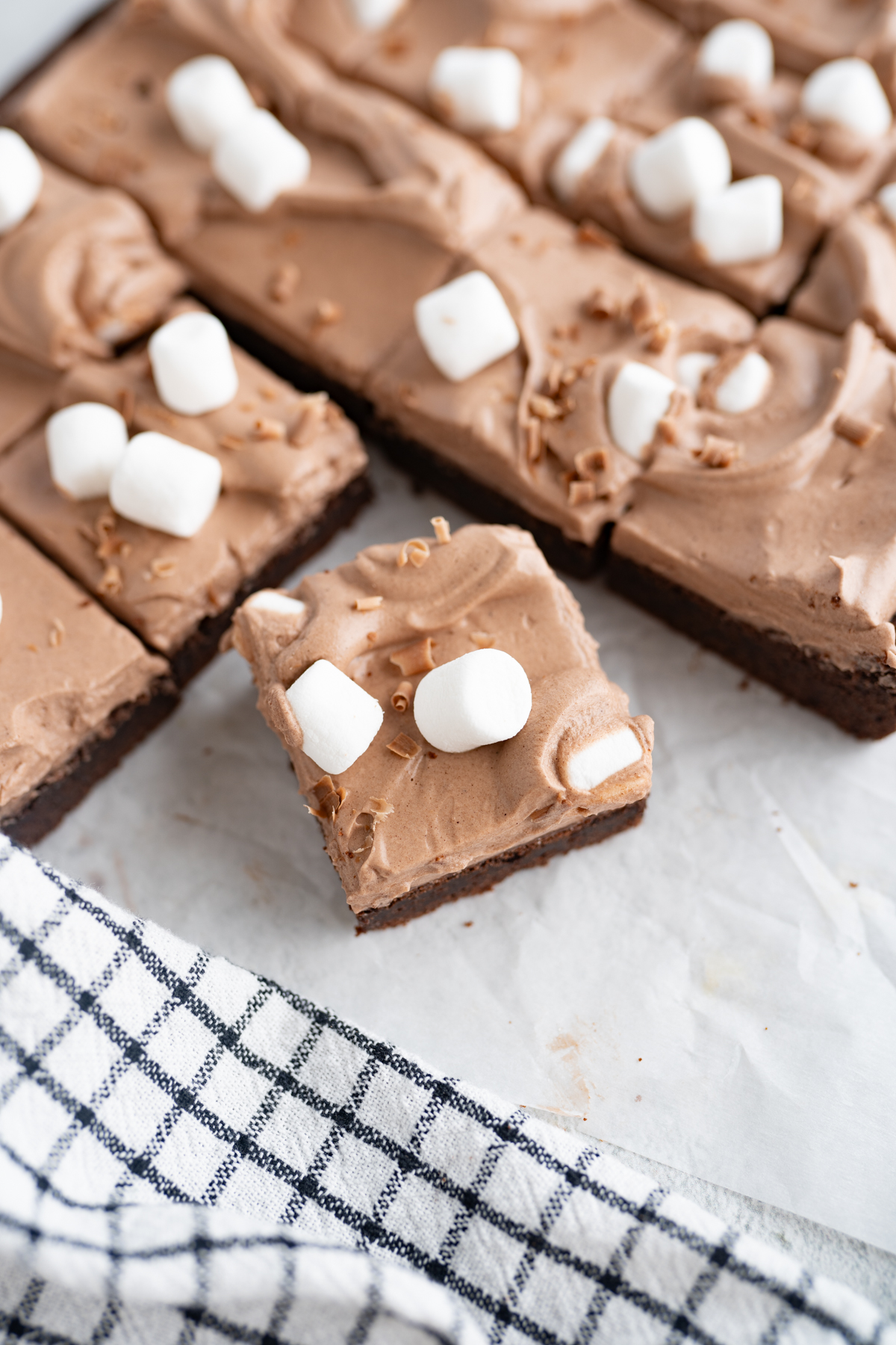 Aerial view of frozen hot chocolate bars cut into squares. 
