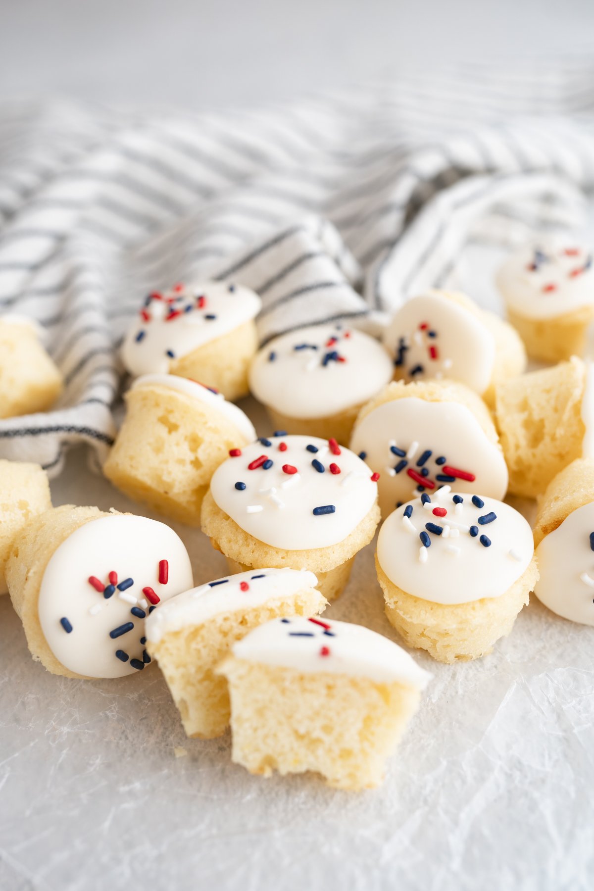 Pile of cake bites to serve to a crowd for memorial day dessert. 