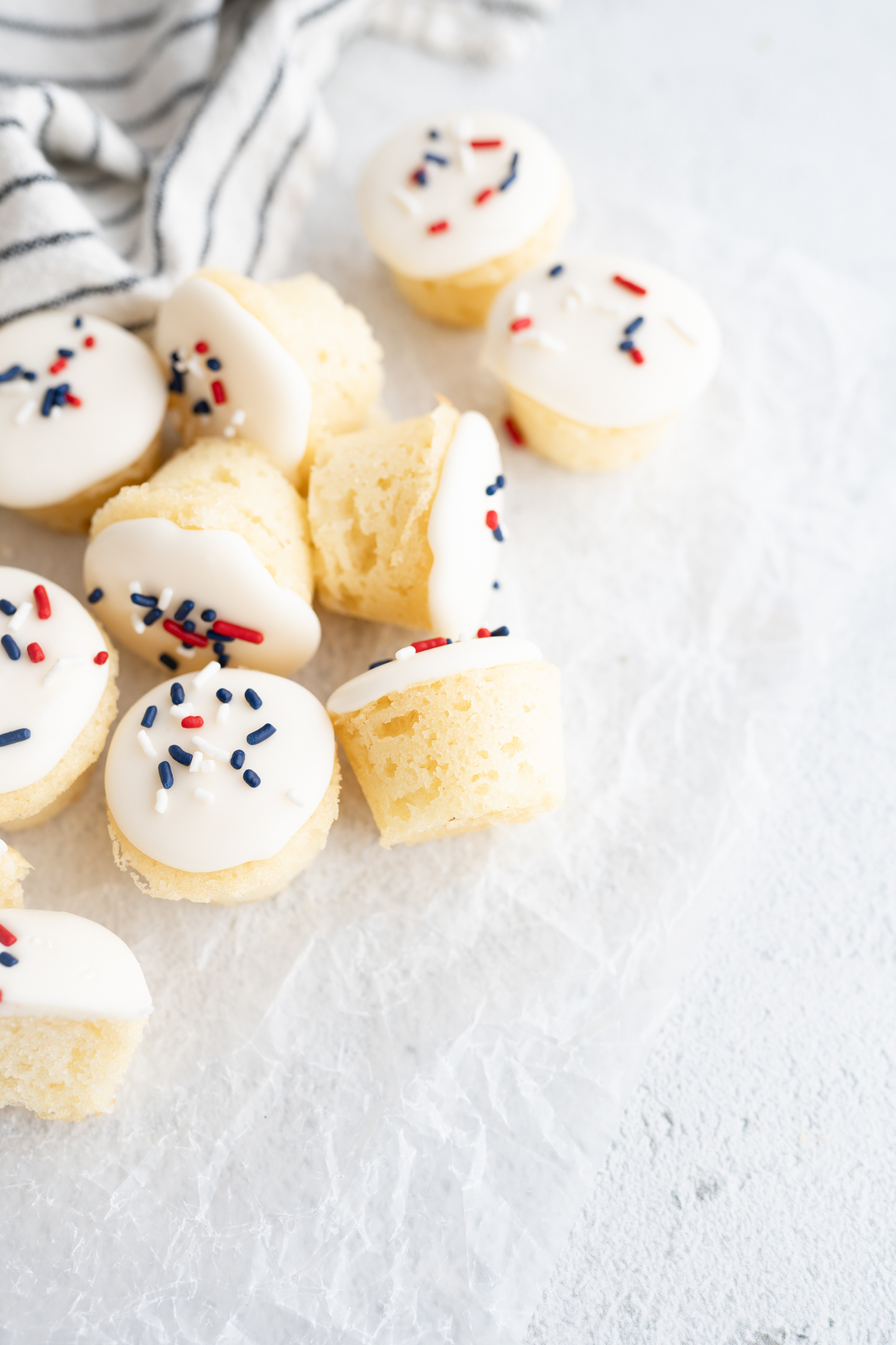 Mini vanilla cake bites decorated to be the perfect 4th of July dessert. 