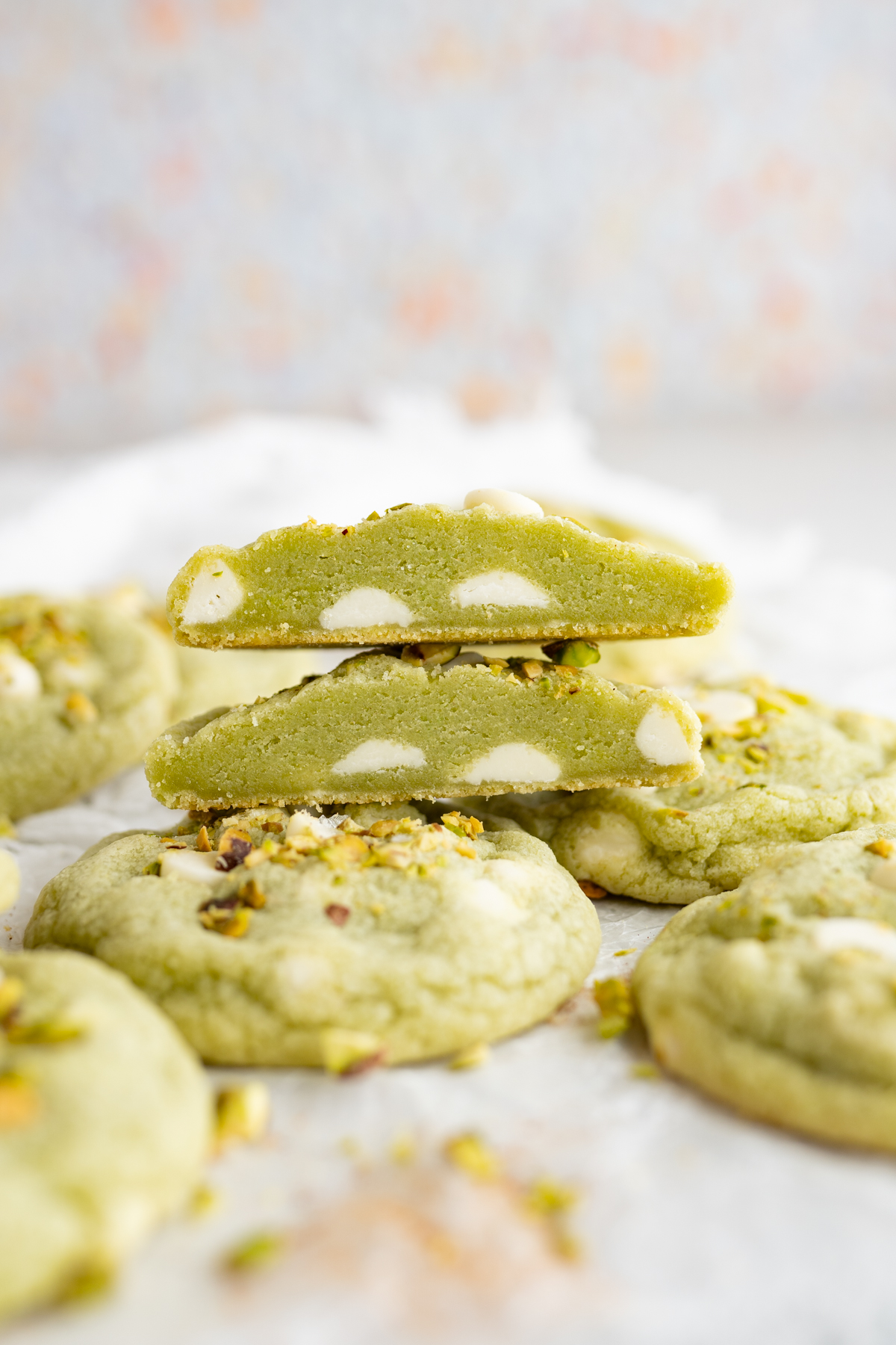 Side view of a super soft green pistachio cookie. 