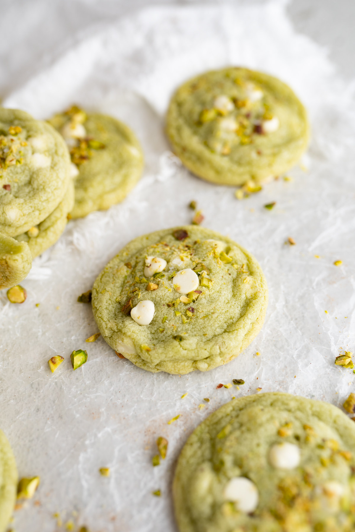 Side view of St. patrick's green cookies on the counter. 