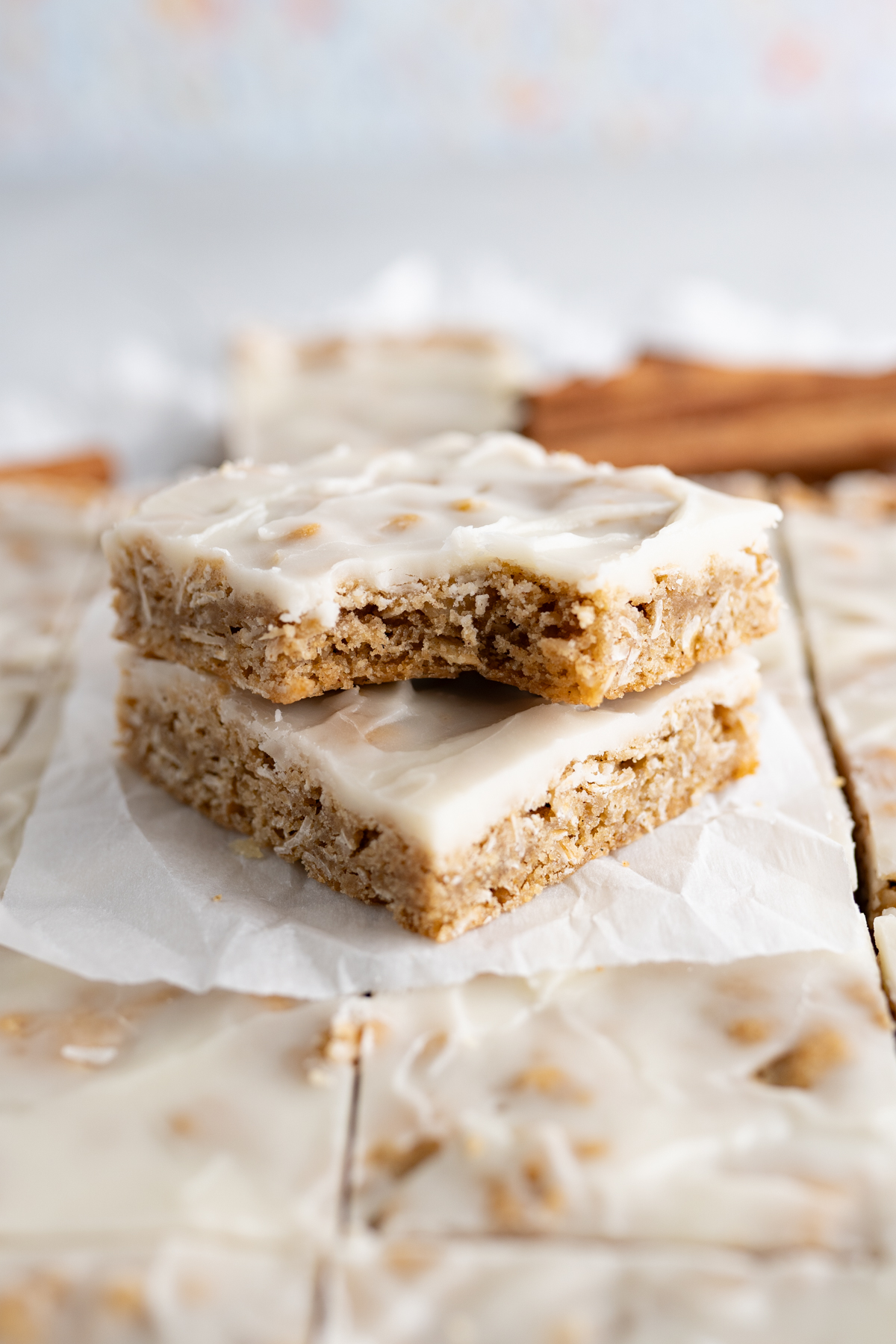 soft and chewy iced oatmeal cookie bars. 