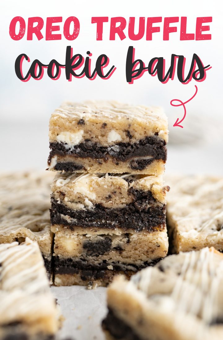 Oreo truffle cookie bars dotted with Oreos and white chocolates.