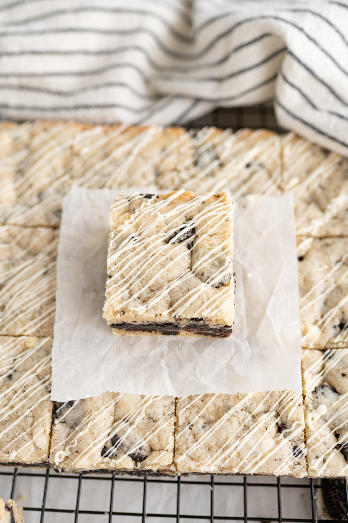 An oreo cookie bar filled with oreo truffle. 