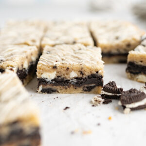 A sugar cookie bar filled with Oreo truffles.