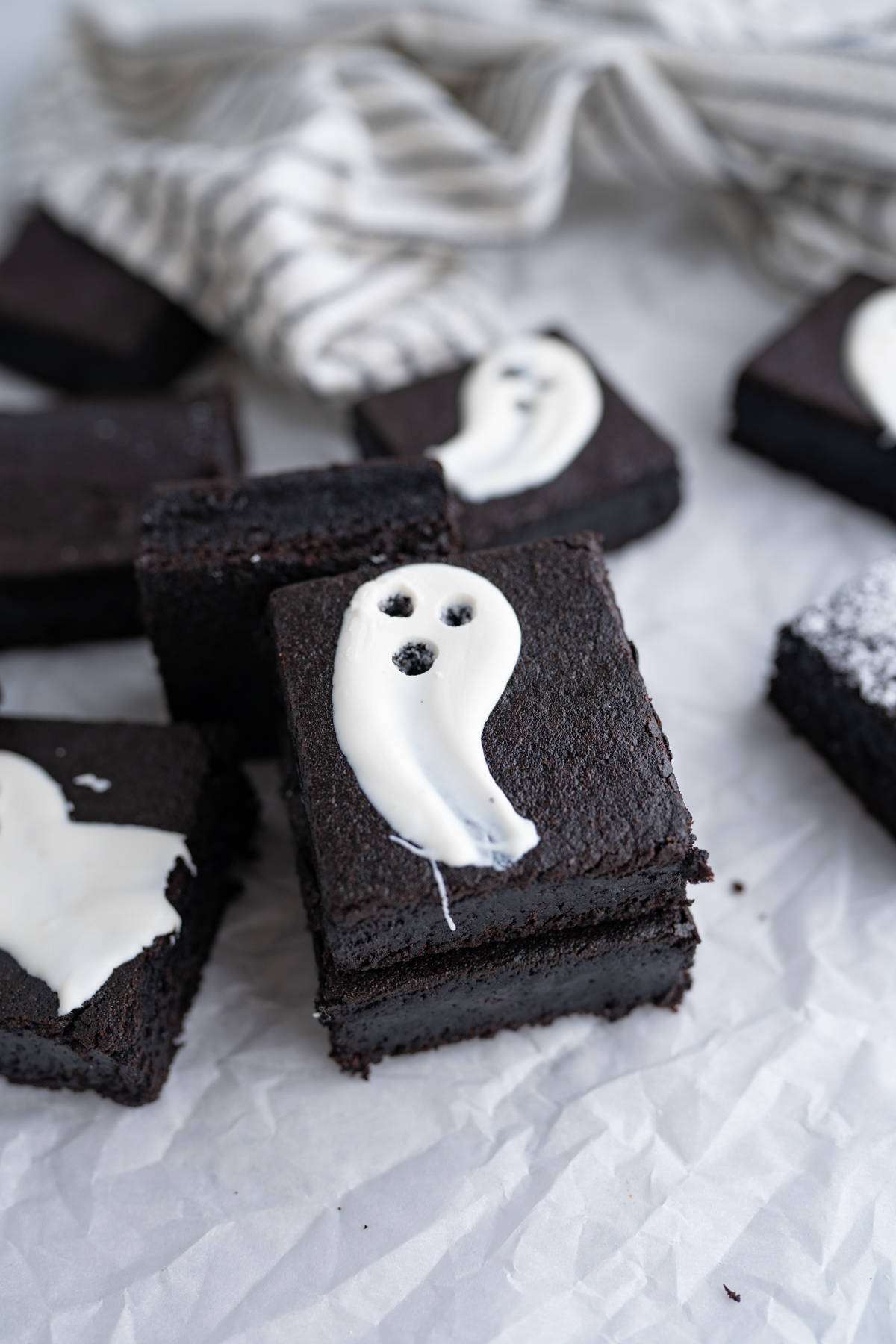 close up of black cocoa halloween brownies 